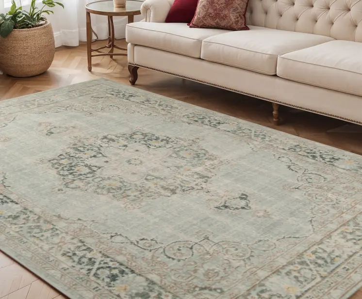 5' X 8' Green And Light Gray Medallion Area Rug