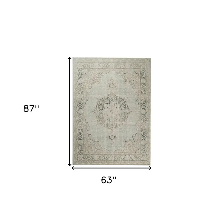 5' X 8' Green And Light Gray Medallion Area Rug