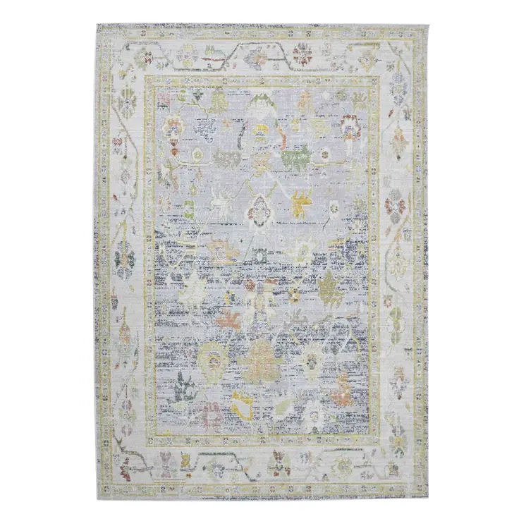 9' X 13' Ivory Blue And Charcoal Floral Area Rug