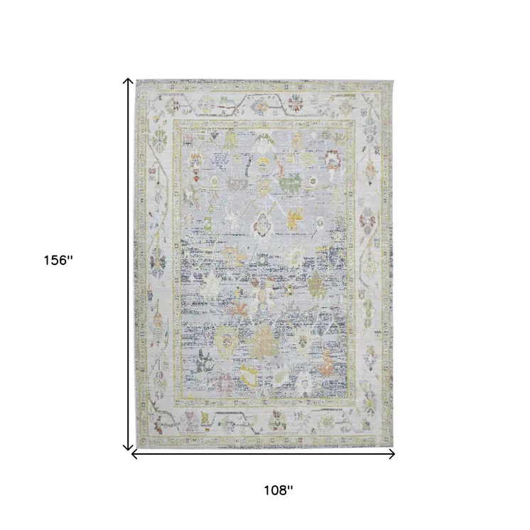 9' X 13' Ivory Blue And Charcoal Floral Area Rug