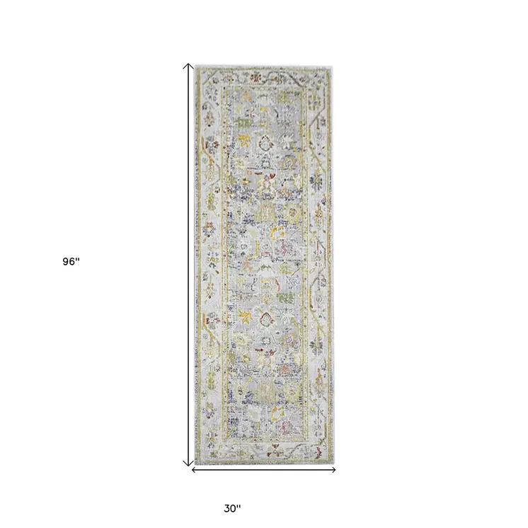 8' Ivory Blue And Charcoal Floral Runner Rug