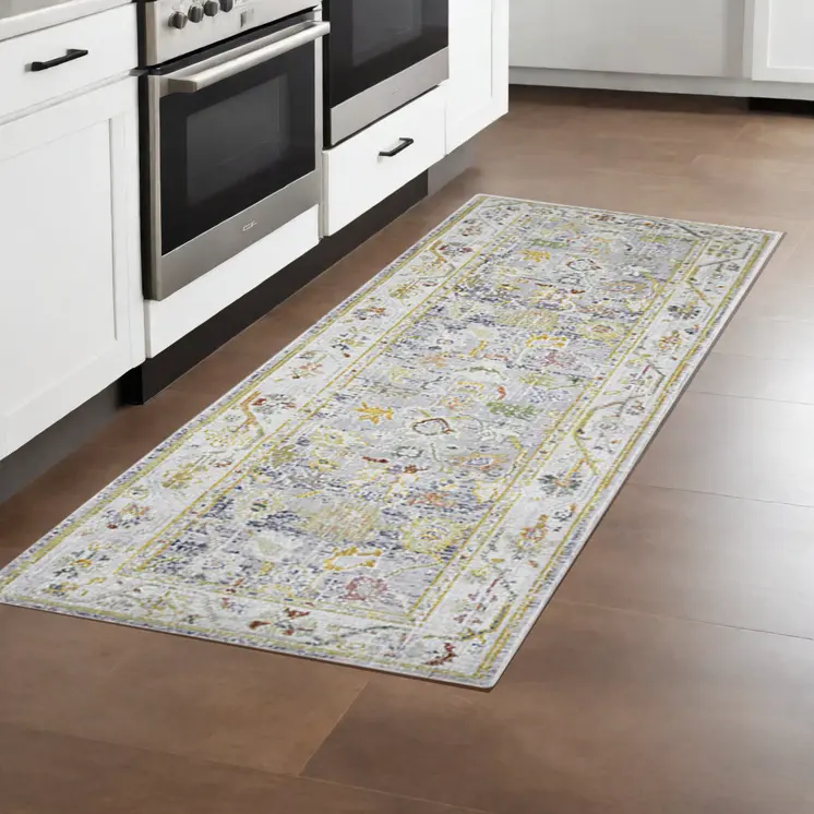 8' Ivory Blue And Charcoal Floral Runner Rug