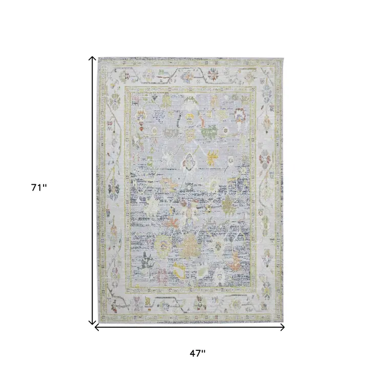 4' X 6' Ivory Blue And Charcoal Floral Area Rug