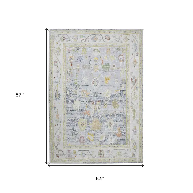 5' X 8' Ivory Blue And Charcoal Floral Area Rug
