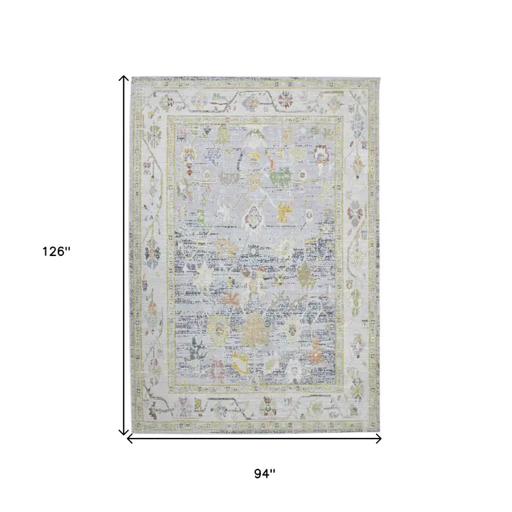 8' X 10' Ivory Blue And Charcoal Floral Area Rug