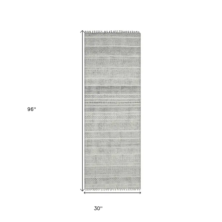 8' Charcoal Geometric Flatweave Handmade Distressed Runner Rug
