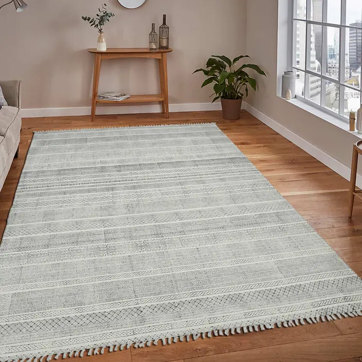 9' X 12' Black And Gray Geometric Flatweave Handmade Distressed Area Rug With Fringe