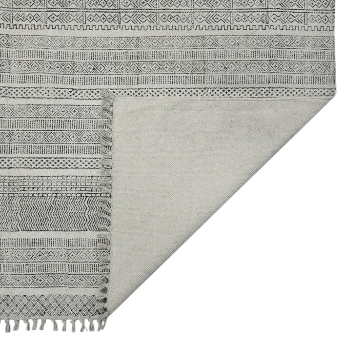 9' X 12' Black And Gray Geometric Flatweave Handmade Distressed Area Rug With Fringe