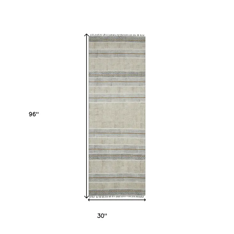 8' Brown Geometric Flatweave Handmade Distressed Runner Rug With Fringe