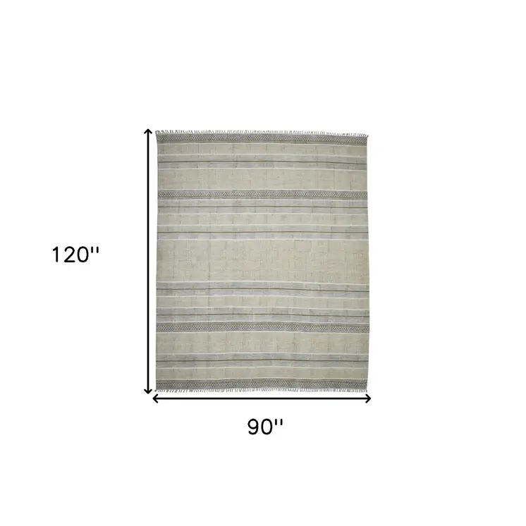 7' X 10' Brown Geometric Flatweave Handmade Distressed Area Rug With Fringe
