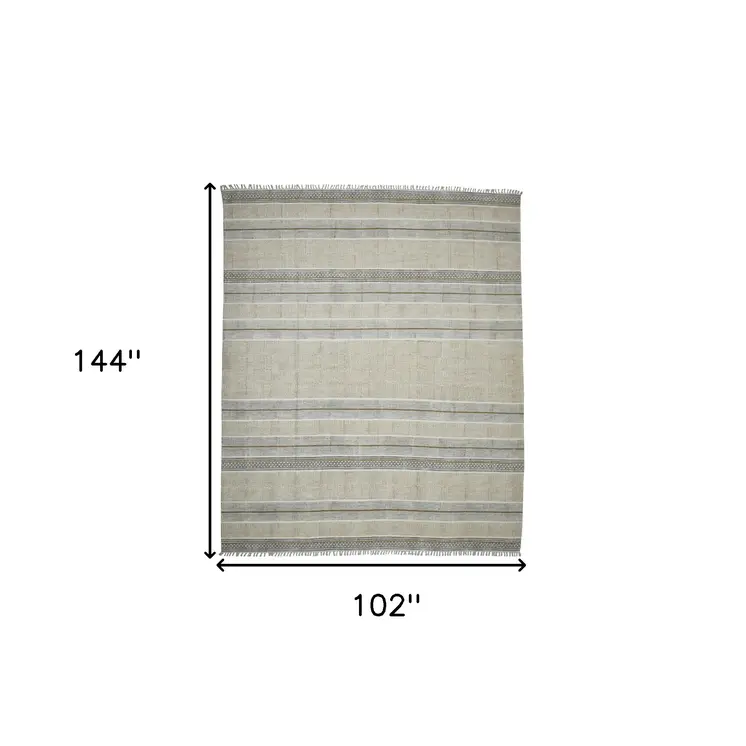 9' X 12' Gray And Brown Striped Flatweave Handmade Distressed Area Rug With Fringe