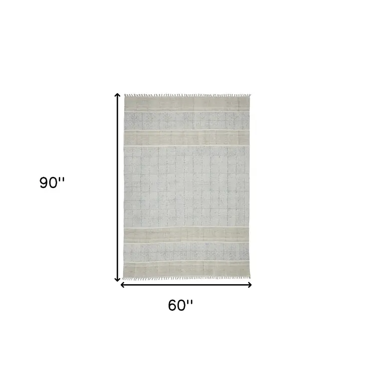 5' X 7' Blue Oriental Flatweave Handmade Distressed Area Rug With Fringe