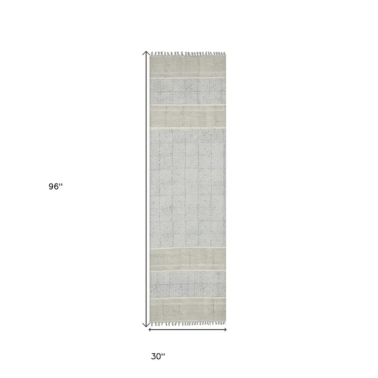 8' Blue Oriental Flatweave Handmade Distressed Runner Rug With Fringe