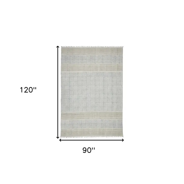 7' X 10' Blue Oriental Flatweave Handmade Distressed Area Rug With Fringe