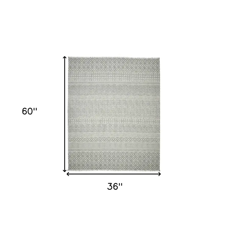 3' X 5' Gray Geometric Flatweave Handmade Distressed Area Rug With Fringe