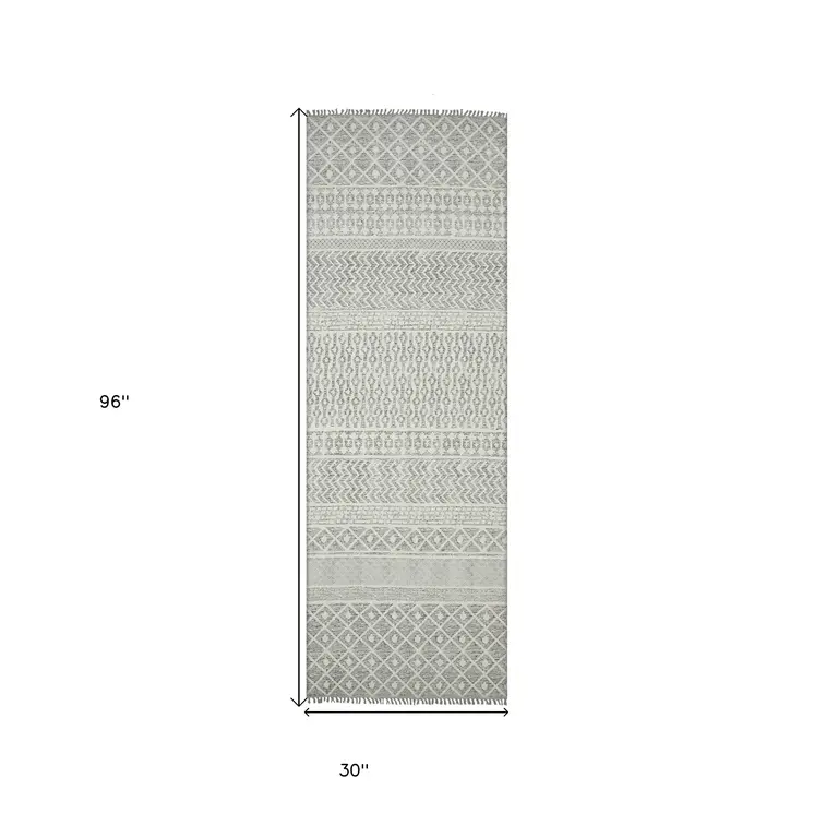 8' Gray Geometric Flatweave Handmade Distressed Runner Rug With Fringe