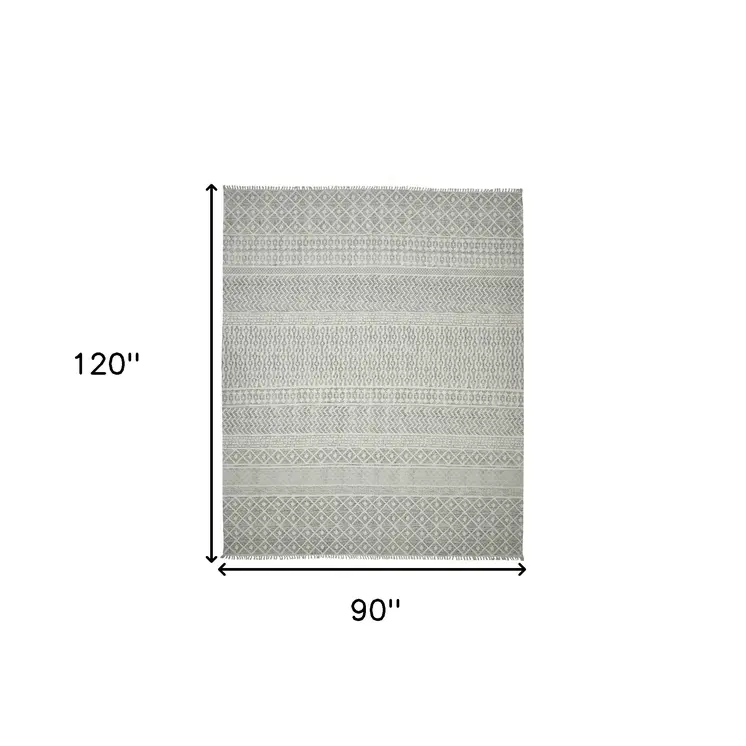 7' X 10' Gray Geometric Flatweave Handmade Distressed Area Rug With Fringe