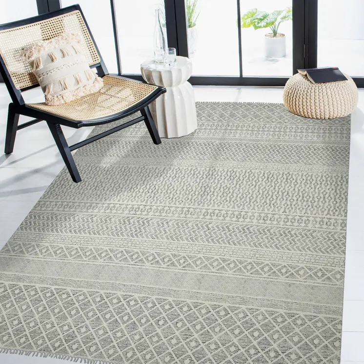 9' X 12' Gray And Brown Striped Flatweave Handmade Distressed Area Rug With Fringe