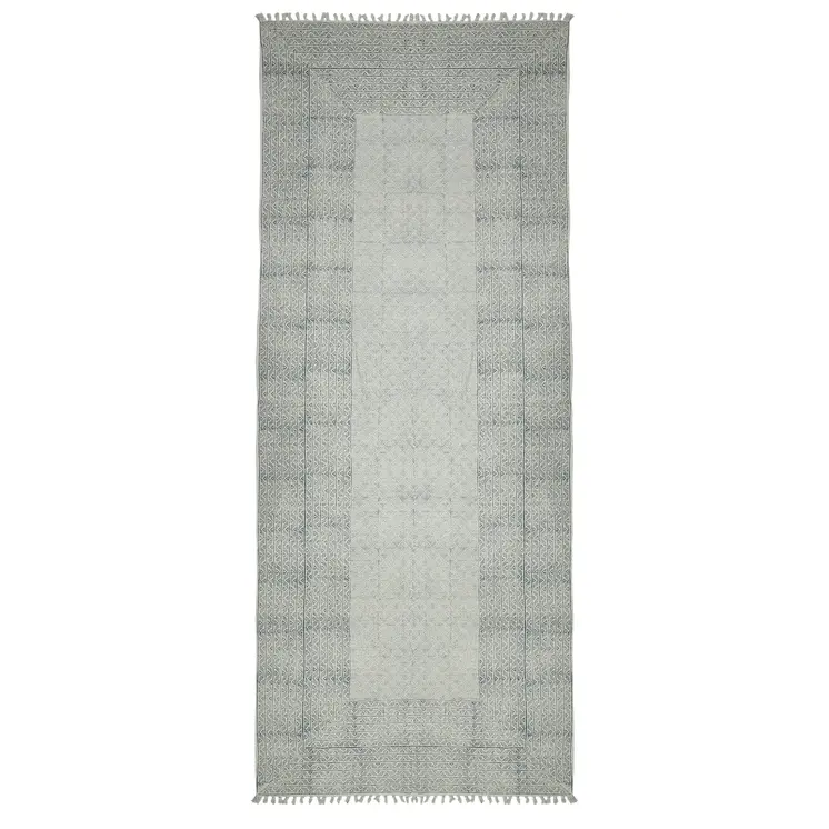 8' Blue Geometric Flatweave Handmade Distressed Runner Rug With Fringe
