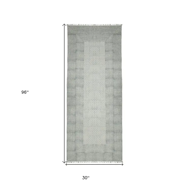 8' Blue Geometric Flatweave Handmade Distressed Runner Rug With Fringe