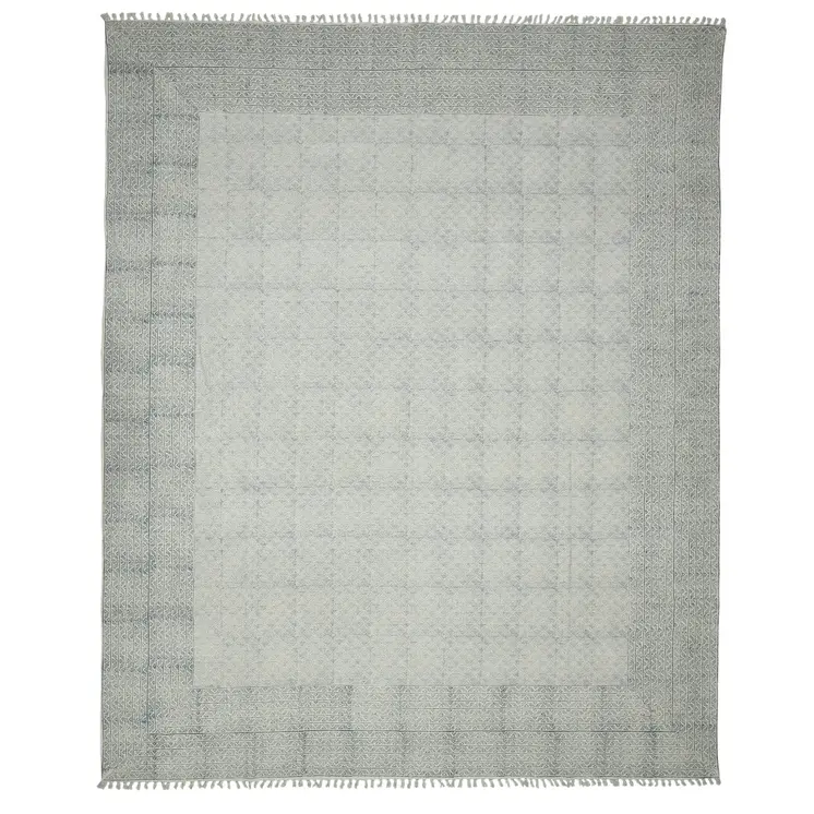 9' X 12' Gray And Blue Geometric Flatweave Handmade Distressed Area Rug With Fringe