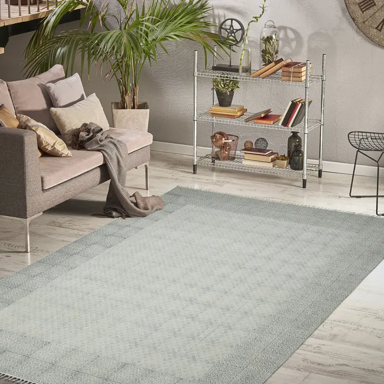 9' X 12' Gray And Blue Geometric Flatweave Handmade Distressed Area Rug With Fringe