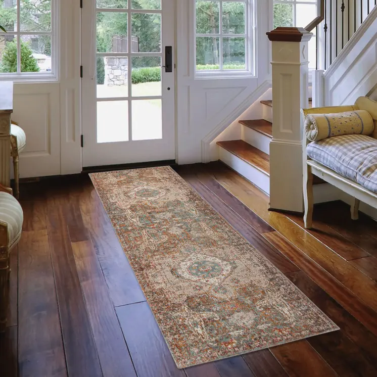 7' Beige Gray and Taupe Medallion Power Loom Runner Rug