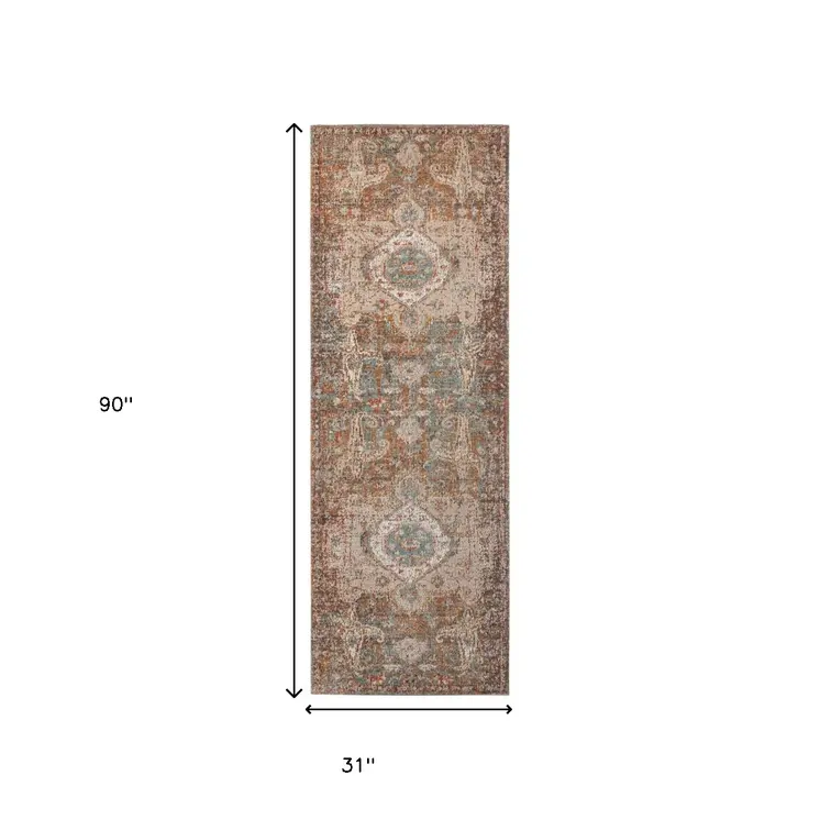 7' Beige Gray and Taupe Medallion Power Loom Runner Rug