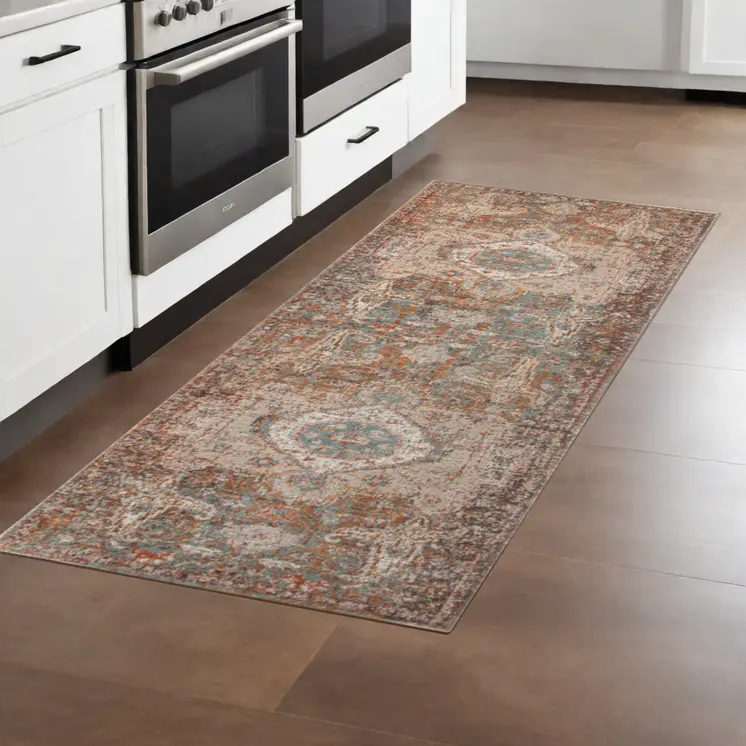 7' Beige Gray and Taupe Medallion Power Loom Runner Rug