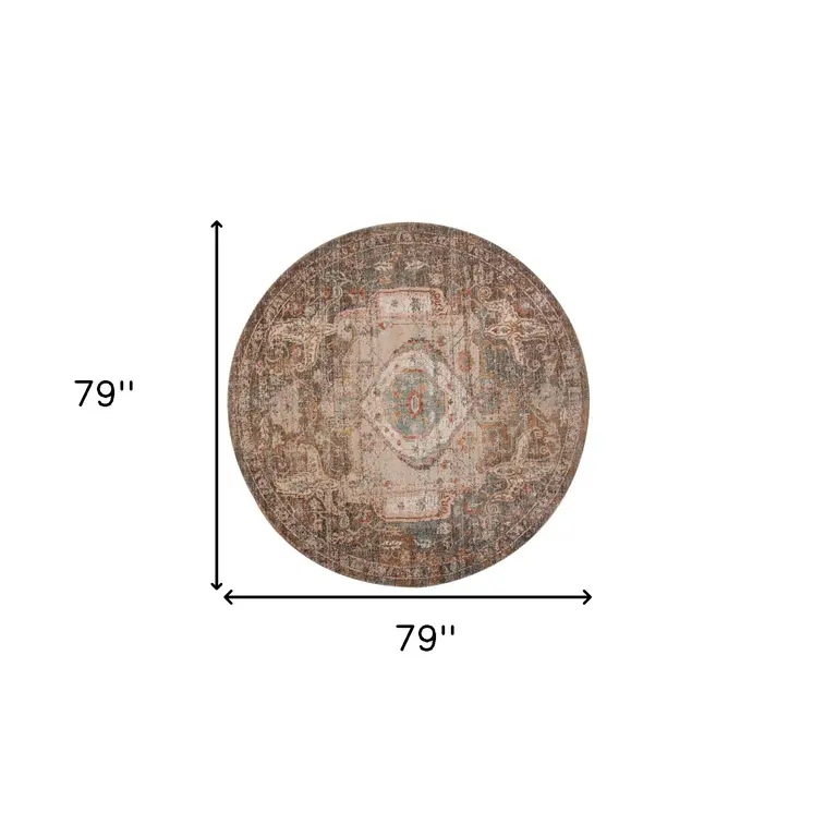 6' Beige Gray and Taupe Medallion Power Loom Round Rug
