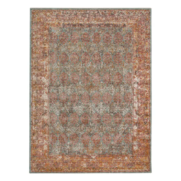 7' X 9' Teal And Orange Medallion Distressed Area Rug