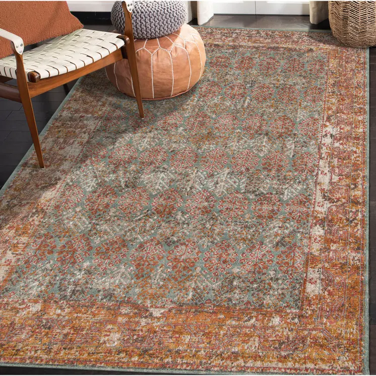 7' X 9' Teal And Orange Medallion Distressed Area Rug