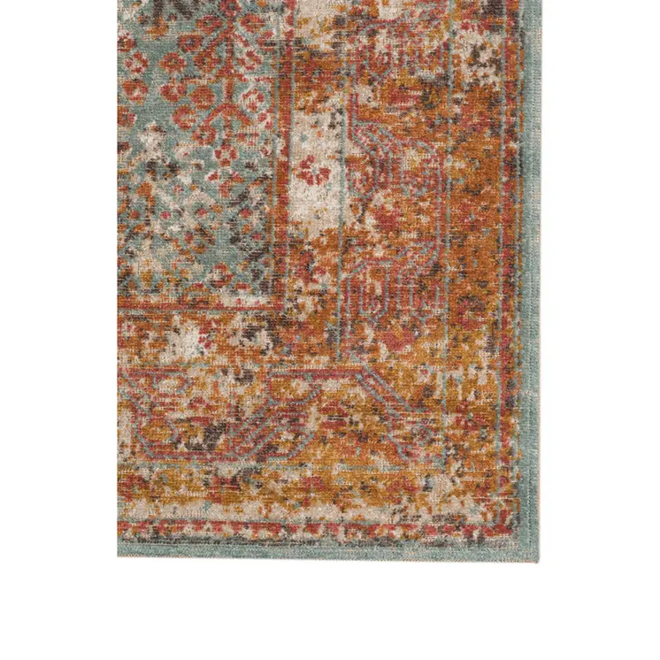 7' X 9' Teal And Orange Medallion Distressed Area Rug