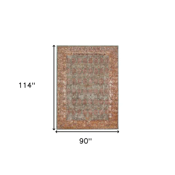 7' X 9' Teal And Orange Medallion Distressed Area Rug