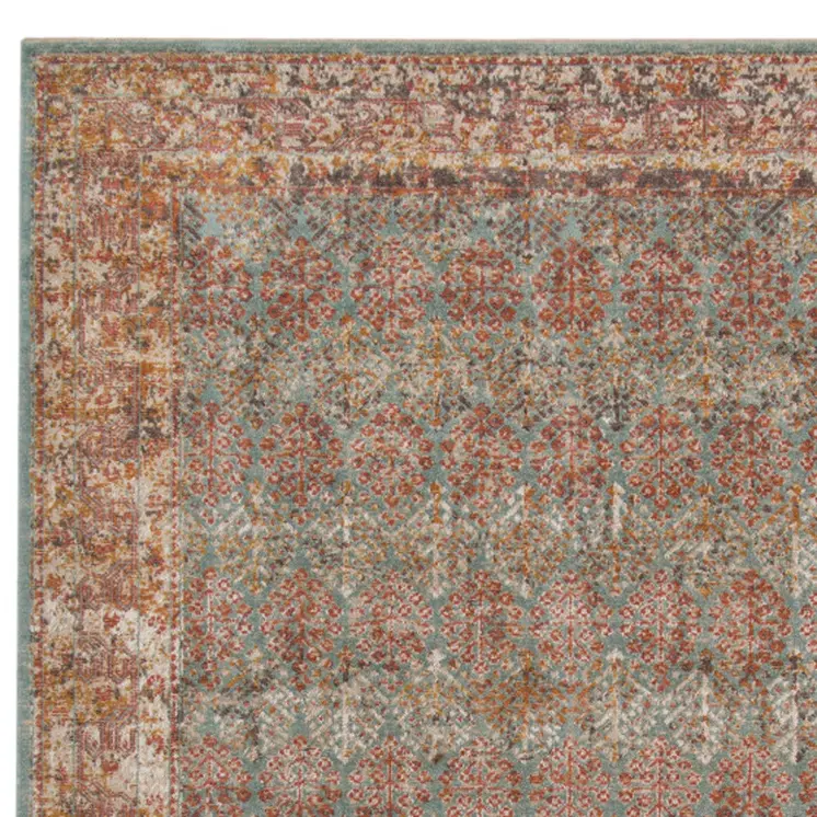 10' X 14' Teal And Orange Medallion Worn/Fade Area Rug