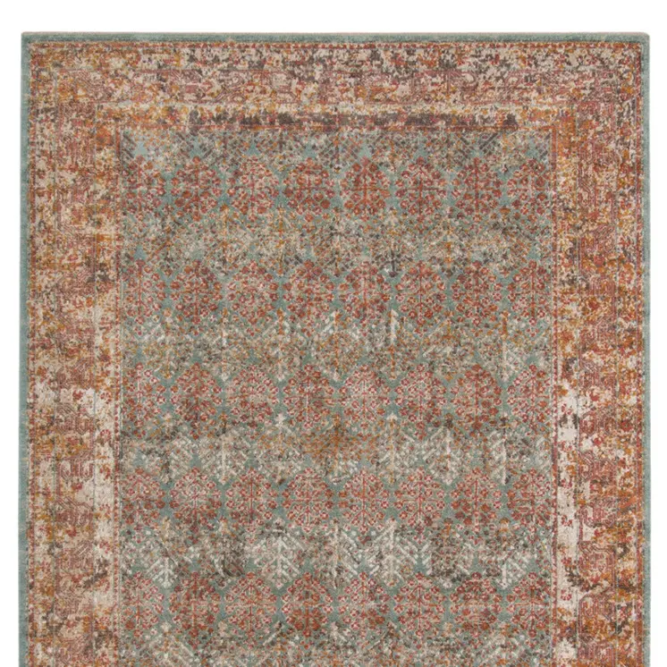 10' X 14' Teal And Orange Medallion Worn/Fade Area Rug