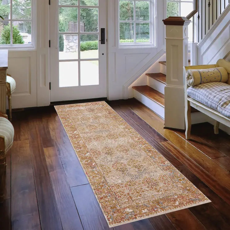 7' Beige And Orange Southwestern Runner Rug