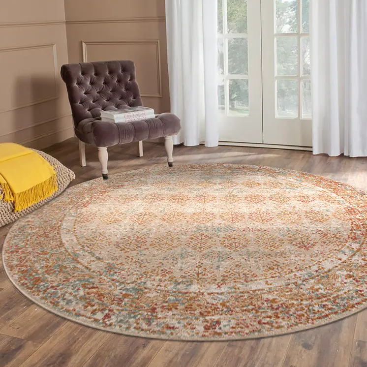 6' Beige And Orange Southwestern Round Rug
