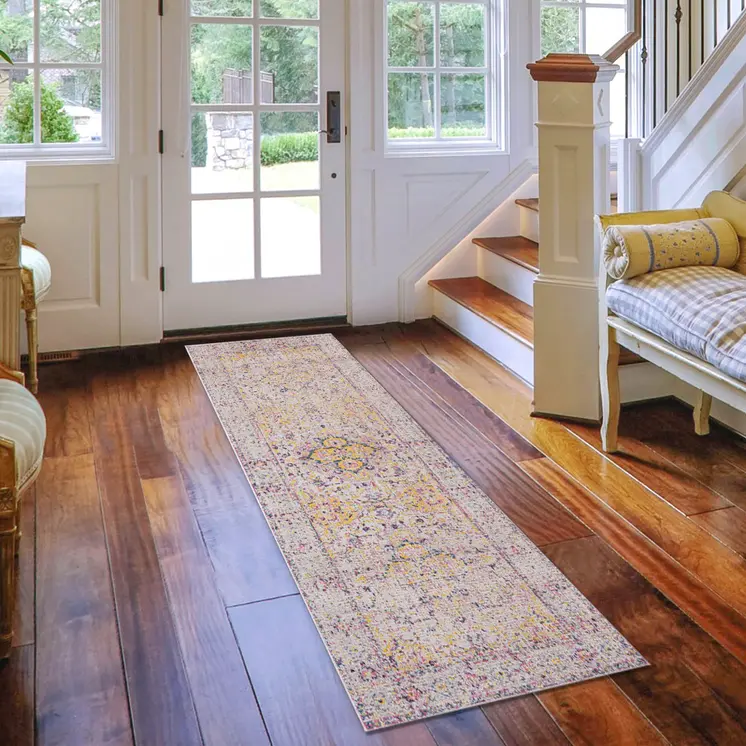 7' Ivory And Yellow Oriental Runner Rug