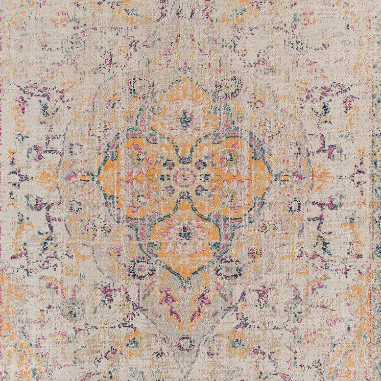 7' Ivory And Yellow Oriental Runner Rug