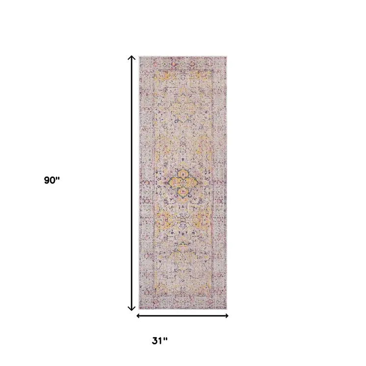 7' Ivory And Yellow Oriental Runner Rug