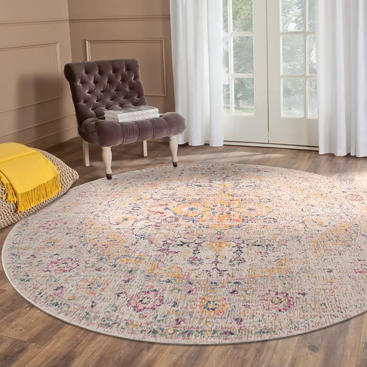 6' Ivory And Yellow Oriental Distressed Round Rug