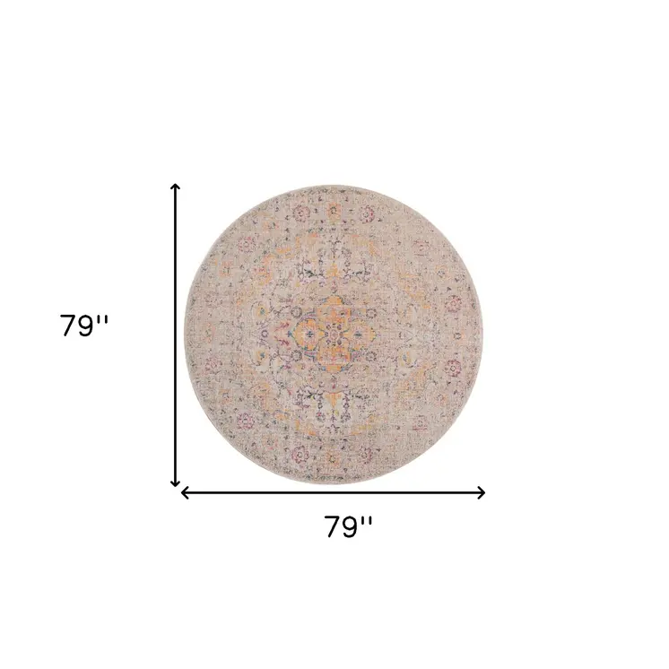6' Ivory And Yellow Oriental Distressed Round Rug