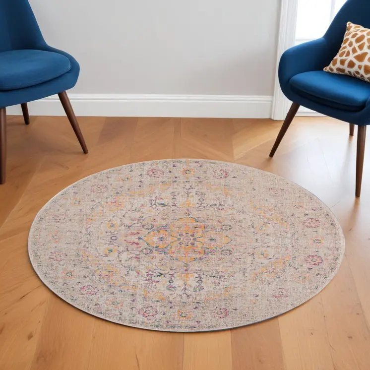 6' Ivory And Yellow Oriental Distressed Round Rug