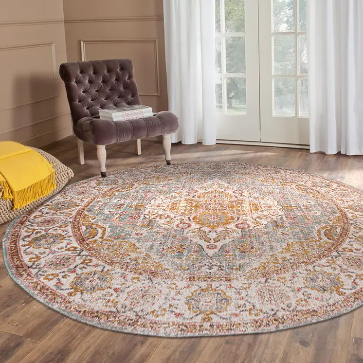 6' Orange Oriental Distressed Round Rug
