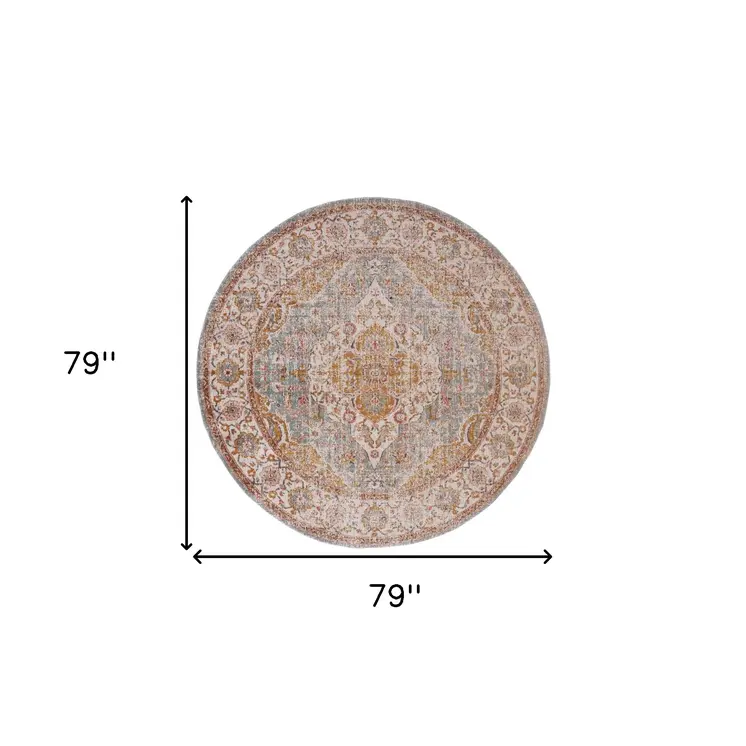 6' Orange Oriental Distressed Round Rug