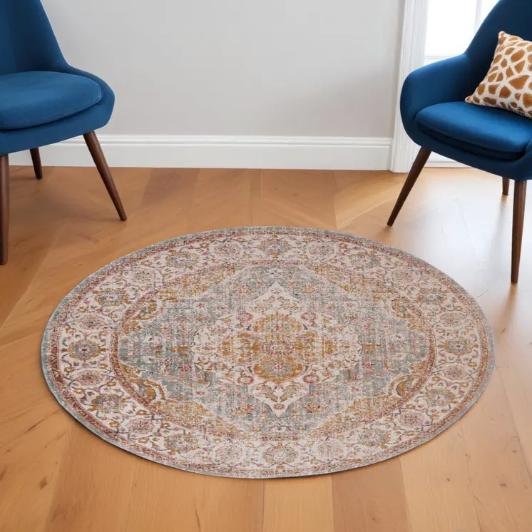 6' Orange Oriental Distressed Round Rug