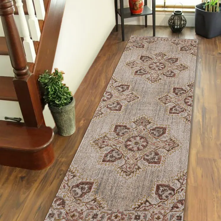 7' Beige And Rust Medallion Runner Rug