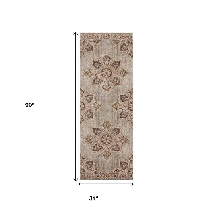7' Beige And Rust Medallion Runner Rug