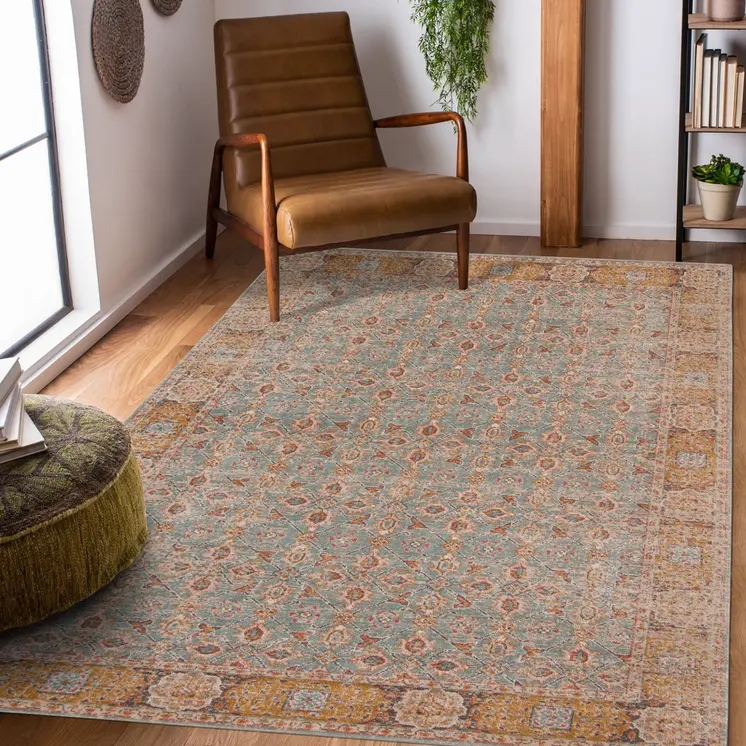 7' X 9' Teal Red And Orange Floral Area Rug